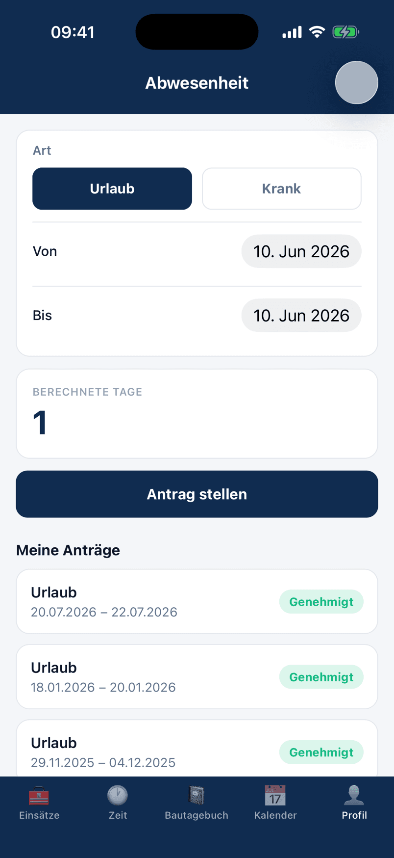 Abwesenheitsanträge in der baubit Monteur-App mit Status Genehmigt