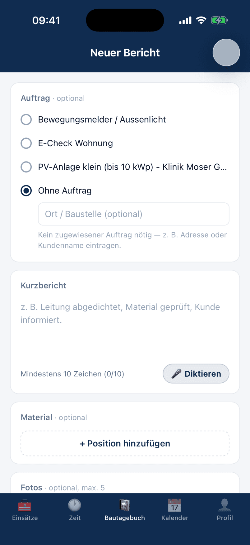 Neuer Bericht in der Monteur-App: Auftrag wählen, Kurzbericht diktieren, Material und Fotos anhängen
