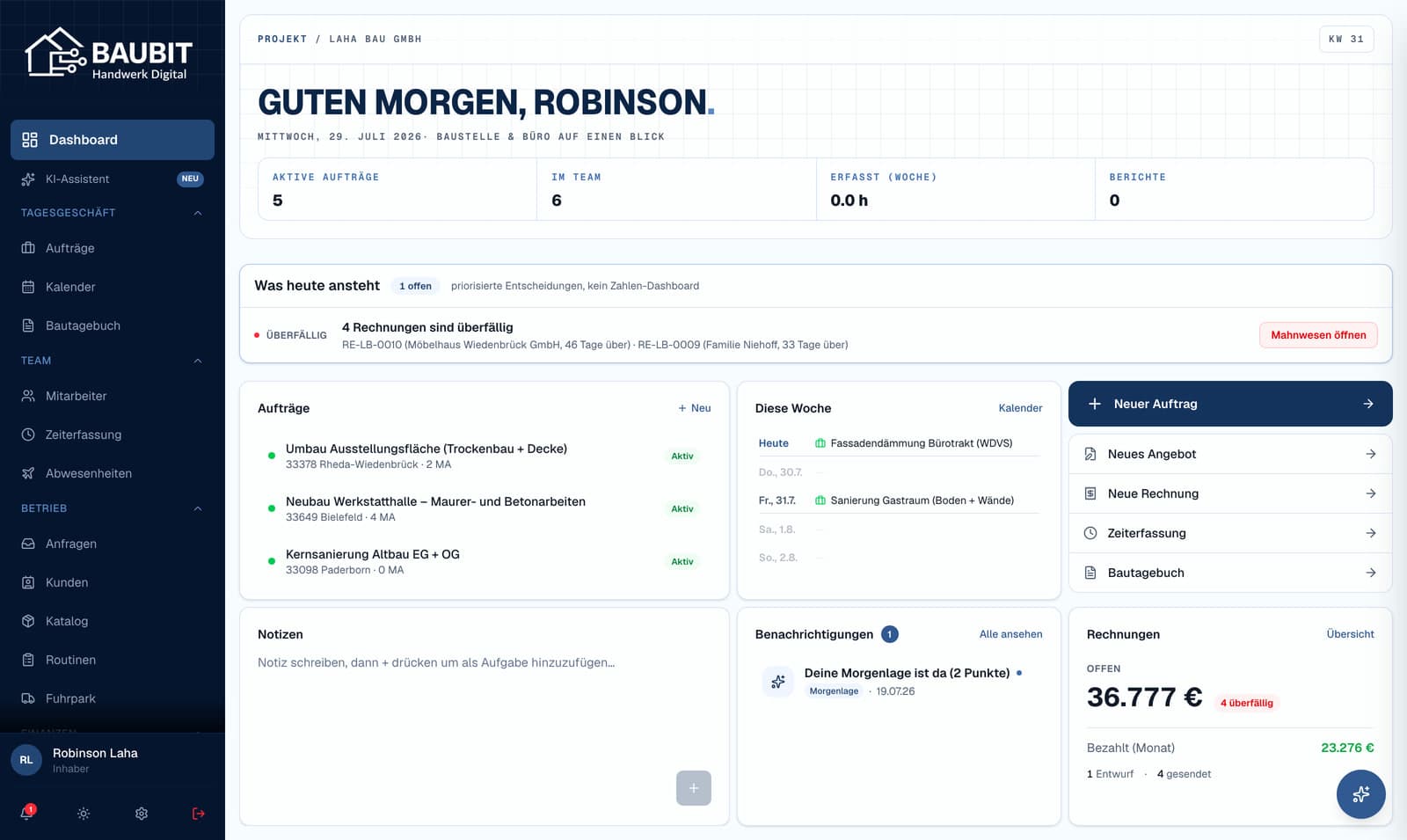 baubit Dashboard: überfällige Rechnungen, Aufträge, Termine und offene Posten auf einen Blick